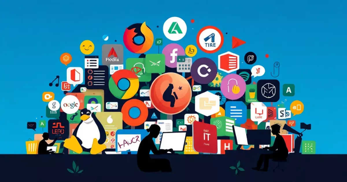 A vibrant collage showcasing icons of popular open source software surrounded by visuals of collaboration.