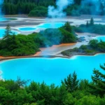 A surreal representation of geothermal landscapes featuring vibrant hot springs and erupting geysers.