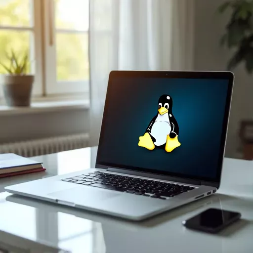 Laptop with Linux logo on screen.