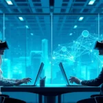 A futuristic virtual reality workspace with professionals using VR technology to collaborate.