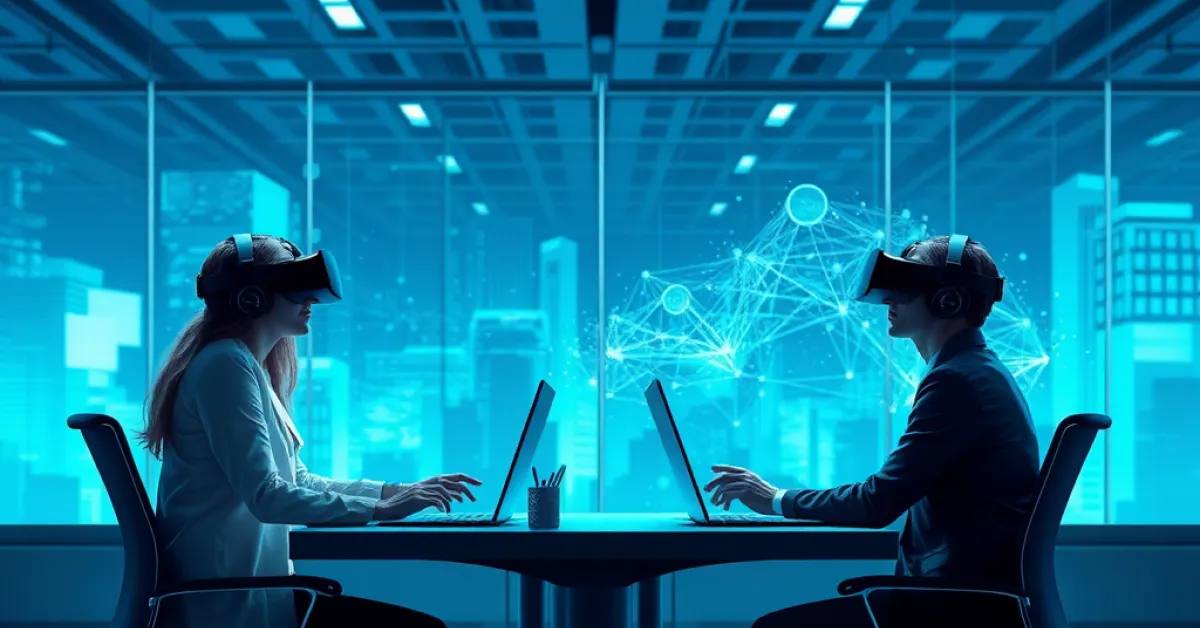 A futuristic virtual reality workspace with professionals using VR technology to collaborate.